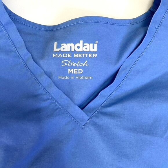 Landau Stretch V-Neck Scrub Top Ceil Blue 4 Pockets Healthcare Nurses Uniform - Picture 7 of 9